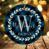 Blauw Buffalo geruite monogram krans Kerstmis Keramisch Ornament