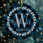 Blauw Buffalo geruite monogram krans Kerstmis Keramisch Ornament