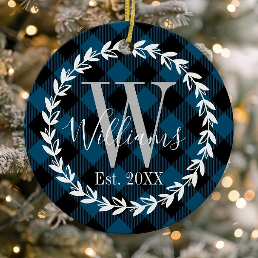 Blauw Buffalo geruite monogram krans Kerstmis Keramisch Ornament