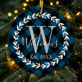 Blauw Buffalo geruite monogram krans Kerstmis Keramisch Ornament