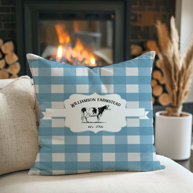 Blauw buffel Boerderij Koe Sierkussen (Blue Buffalo Plaid Farm Cow Throw Pillow)