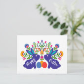 Blauw 🐰 Bunnies met Folklore Bloemen Custom Text Briefkaart (Staand voorkant)