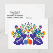 Blauw 🐰 Bunnies met Folklore Bloemen Custom Text Briefkaart (Voorkant / Achterkant)