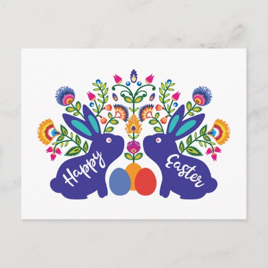 Blauw 🐰 Bunnies met Folklore Bloemen Custom Text Briefkaart (Voorkant)