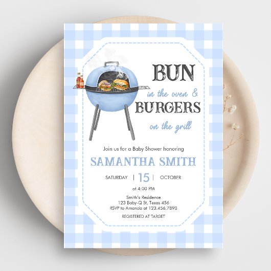 Blauw Burger BBQ Baby Shower Kaart