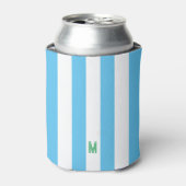 Blauw Cabana Stripe en gepersonaliseerd groen mono Blikjeskoeler (Blikje Voorkant)