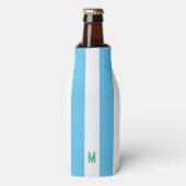 Blauw Cabana Stripe en gepersonaliseerd groen mono Flesjeskoeler (Fles Voorkant)