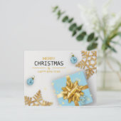Blauw cadeau doos Gouden Sneeuwvlokken Kerstballen Feestdagenkaart (Staand voorkant)