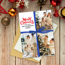 Blauw Cadeau Gewikkeld Familie Fotocollage Kerstmi Feestdagenkaart
