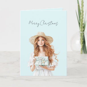 Blauw Cadeau Roodharige Vrouw Kerstmis Kaart