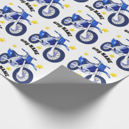Blauw cadeaupapier met motor en eigen tekst