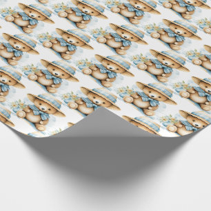 Blauw cadeaupapier met teddybeer voor baby en peut
