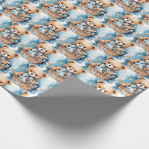 Blauw cadeaupapier voor baby en peuter met teddybe