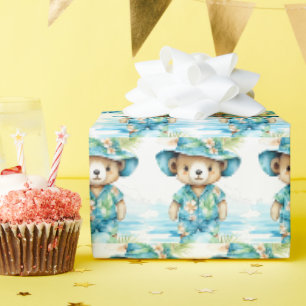 Blauw cadeaupapier voor baby en peuter met teddybe