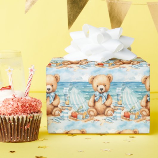 Blauw cadeaupapier voor peuter teddybeer (Verjaardagsfeest)