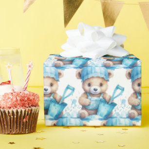 Blauw cadeaupapier voor peuter teddybeer