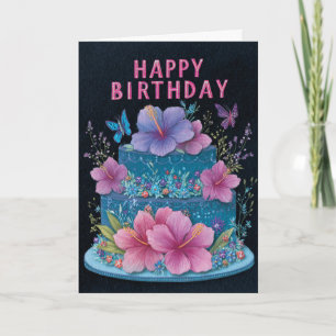 Blauw cake met roze hibiscus verjaardagsgroet auto kaart