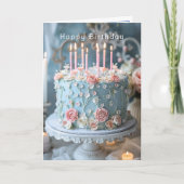 Blauw Cakje Roze Rozen en Kaarsen Gelukkige Verjaa Kaart (Voorkant)