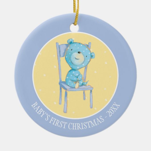 Blauw Calico Beer glimlachen op stoel Keramisch Ornament (Voorkant)