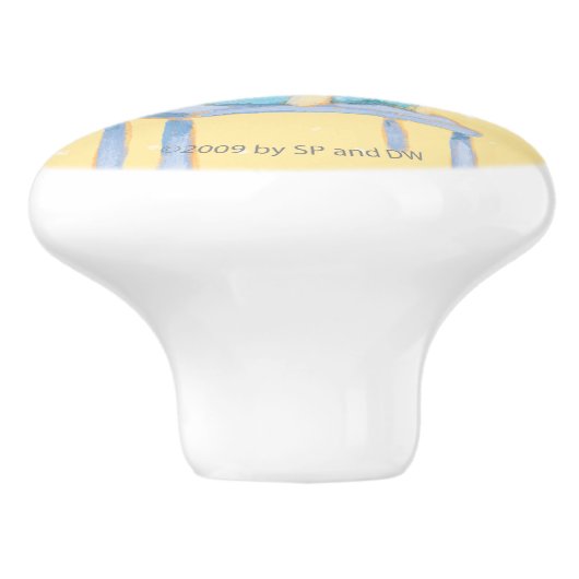 Blauw Calico Beer glimlachen op stoel Keramische Knop (Zijkant)