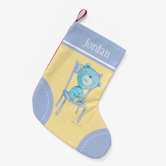 Blauw Calico Beer glimlachen op stoel Kleine Kerstsok (Voorkant (Hangend))