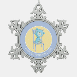 Blauw Calico Beer glimlachen op stoel Tin Sneeuwvlok Ornament