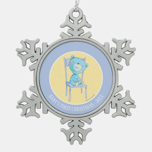 Blauw Calico Beer glimlachen op stoel Tin Sneeuwvlok Ornament (Voorkant)