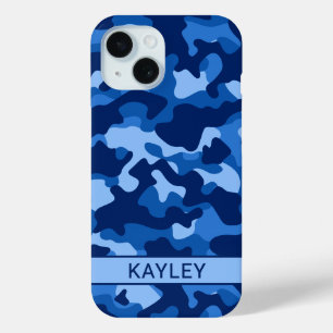 Blauw camouflage gepersonaliseerd iPhone 15 case