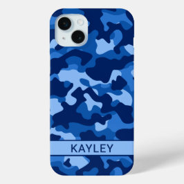 Blauw camouflage gepersonaliseerd iPhone 15 mini hoesje