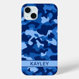 Blauw camouflage gepersonaliseerd iPhone 15 mini hoesje