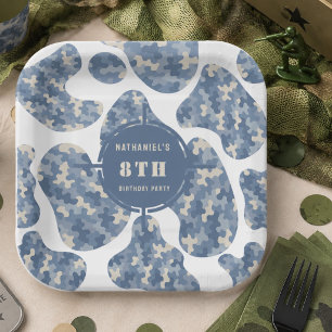 Blauw camouflage soldaat leger verjaardag papieren bordje