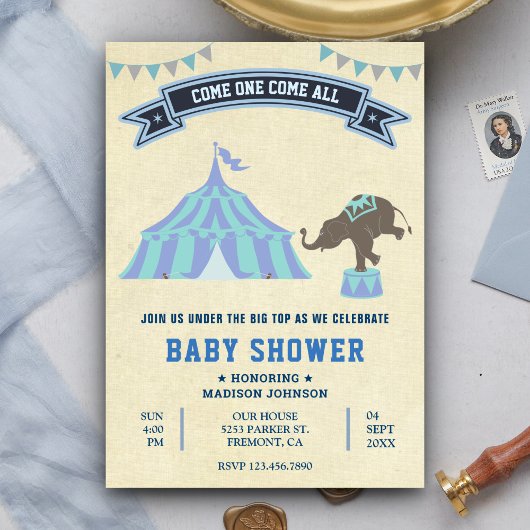 Blauw Carnaval Circus Baby shower Kaart