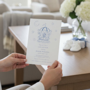 Blauw Carrousel Maan Sterren Baby Shower Uitnodigi Kaart