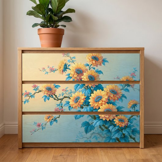 Blauw Centrum Gele Zonnebloem Tak Decoupage Tissuepapier