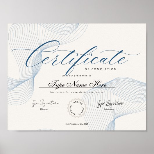 Blauw Certificaat van voltooiing, prestatie, excel Poster (Voorkant)