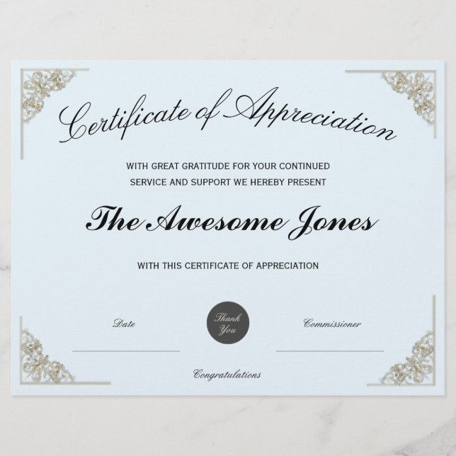 Blauw certificaat van waardering met aangepaste Lo (Voorkant)