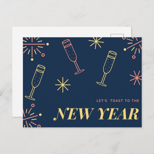 Blauw champagne New Year Design Briefkaart (Voorkant / Achterkant)