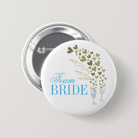 Blauw champagne proost & harten Team Bruid Trouwen Ronde Button 5,7 Cm (Voorkant /achterkant)