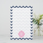 Blauw Chevron Ikat Monogrammed Papier (Staand voorkant)