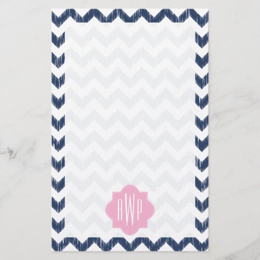 Blauw Chevron Ikat Monogrammed Papier (Voorkant)