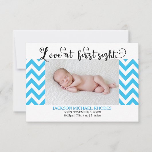 Blauw Chevron Liefde Op Het Eerste Gezicht-3x5 Geb Aankondiging (Voorkant)