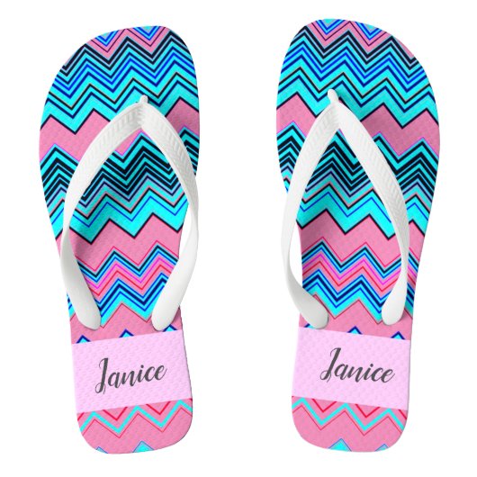 Blauw Chevron Patroon met Naam Teenslippers (Voetbed)