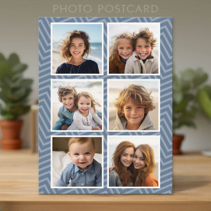 Blauw Chevron-patroon met trendy 6 foto-collage Briefkaart