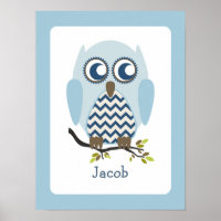 Blauw + Chevron Uil Persoonlijke Babykamer Kunst