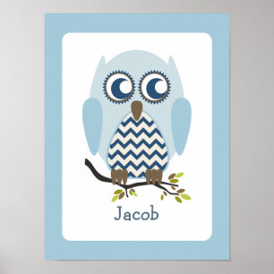 Blauw + Chevron Uil Persoonlijke Babykamer Kunst Poster
