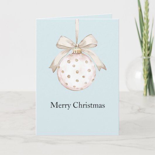 Blauw Chic Witte Stippen Boog Ornament Kerst Kaart (Voorkant)