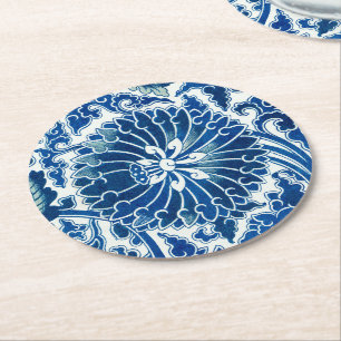 Blauw Chinees Floral Patroon Ronde Kartonnen Onderzetter