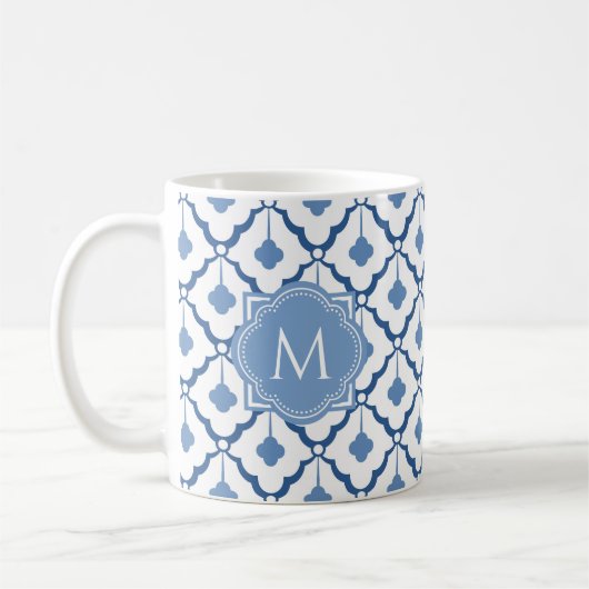 Blauw Chinees keramisch patroon met monogram Koffiemok (Links)