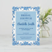 Blauw Chinoiserie antieke bloem bruiloft Save The Date (Staand voorkant)