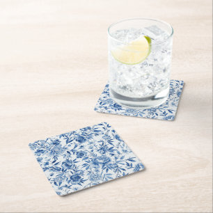 Blauw Chinoiserie Aquarel Bloem Botanisch Kartonnen Onderzetters